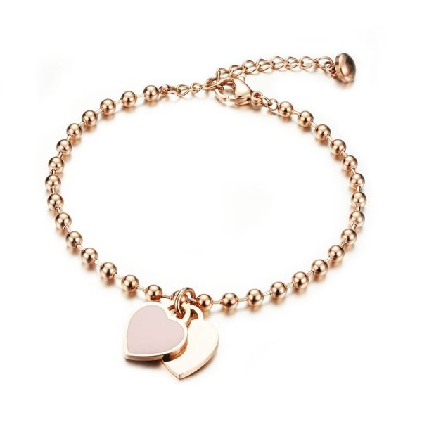 Pulseira feminina personalizada gravada em aço inoxidável, pulseira banhada a ouro rosa com pingente de coração 165mm 45mm extension191u