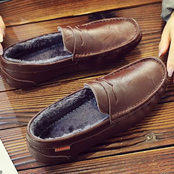 Weh Mens Kış Peluş Sıradan Ayakkabı ile Kış Erkek Moda Soğuk Durum Deri Loafer S Erkekler Slip-On Rahat Boş Zamanlı Sürüş Ayakkabıları 240328