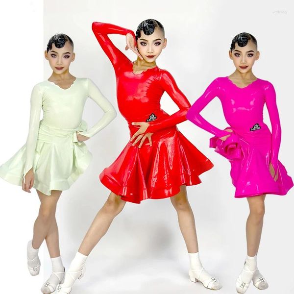 Palco desgaste 9 cores couro brilhante manga comprida vestido de dança latina crianças desempenho de salão roupas meninas vestidos de festa