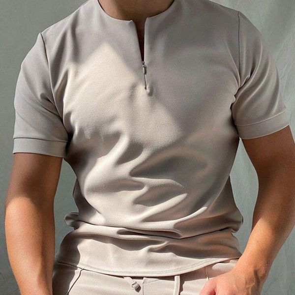 Verão masculino casual americano oversized solto encaixe de manga curta cáqui com zíper camisa polo topo