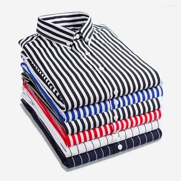 Herren-Freizeithemden, Revers-Knopfhemd, formeller Business-Stil, gestreifte Strickjacke mit Umlegekragen, schmale Passform, einreihiges Design für