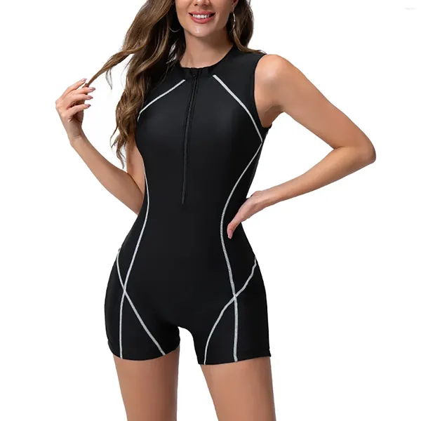 Costume da bagno da donna Costume da bagno da donna da donna Boyshort Manica corta Rashguard Linea a contrasto Snorkel Costume da surf Pantaloncini sportivi al ginocchio Bikini sexy in lattice