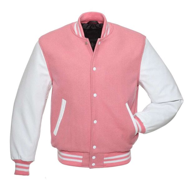 Hochwertiger Wollbody für Damen mit weißen Lederärmeln, Letterman Baseball Pink Varsity Jacket 33