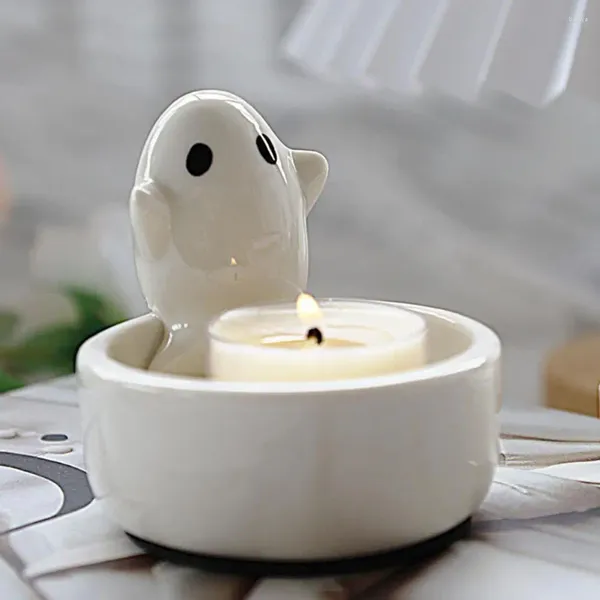 Portacandele Portacandele a forma di fantasma bianco per decorazioni natalizie di Halloween Candeliere in ceramica per candelabri