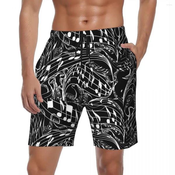 Shorts masculinos verão ginásio masculino notas de música correndo preto branco personalizado diy praia calças curtas havaí secagem rápida troncos de natação plus size