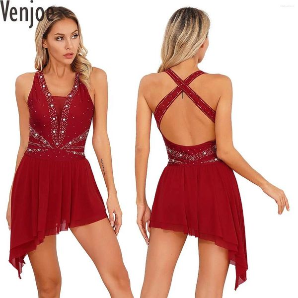 Stage Wear Costume da danza lirica da donna Vestito da ginnastica per balletto Abiti da spettacolo di pattinaggio di figura senza maniche con strass scintillanti