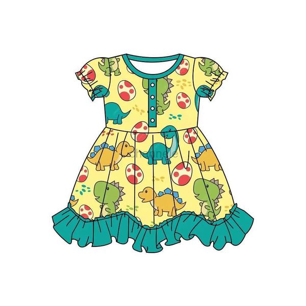 Vestidos da menina Novo vestido de menina com mangas curtas inchadas saia de joelho padrão de renda bonito padrão de dinossauro tecido de seda leitosa 240315