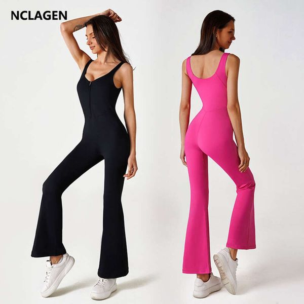 Lu Align Lemon Suit Yoga NCLAGEN Conjunto feminino de uma peça com zíper acolchoado Macacão esportivo GYM Workout Bell-bottoms Romper Fiess Siamese Sportswear