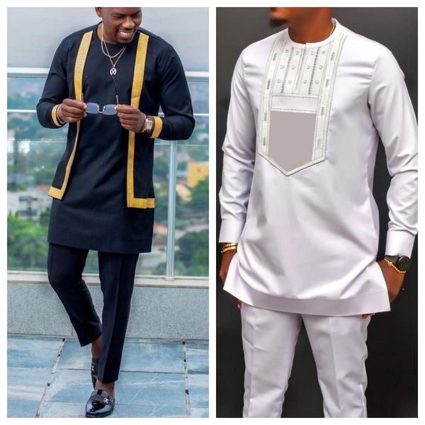 Erkek İki Parçalı Set Mens Polerones Afrika Elbise Tek Kelime Kelime Takım İşlemeli Beyaz Gömlek Pantolon Düğün Seti 240304