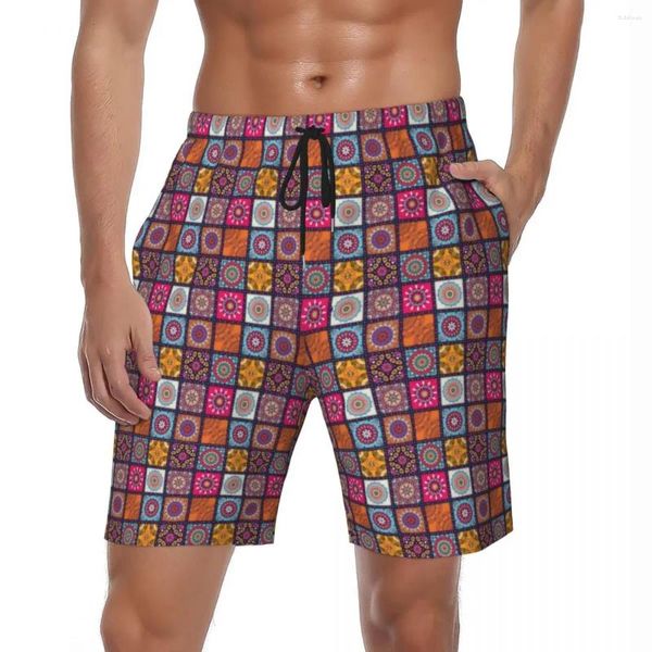 Shorts masculinos retalhos bohemia ginásio verão cor mandala havaí praia calças curtas masculino correndo respirável troncos gráficos