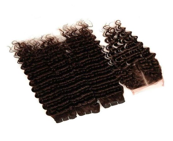 Tesse per capelli vergini brasiliani castano scuro con chiusura onda profonda 4 pacchi di capelli umani color cioccolato offerte 3 pezzi con frontale 4x4 Lac6980491