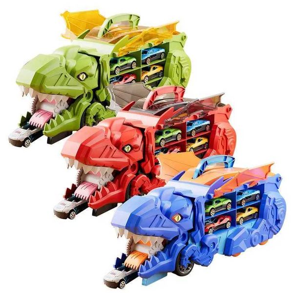 Brinquedos de transformação Robôs Dinossauro Transformando Caminhão de Brinquedo Tiranossauro Rex Carro de Transporte Brinquedo Dinossauro Engolindo Carro com Pista e 8 Mini Carros de Liga 2400315