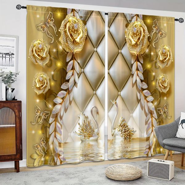 Cortinas 2 painéis/conjunto de luxo ouro rosa cisne ocidental clássico vaso janela tratamento jacquard cortinas para sala estar quarto cozinha