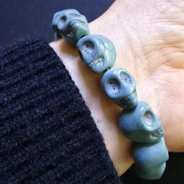 Filo grigio-verde Testa di fantasma Bracciale con perline Pietra Teschio Stile Hip Hop Gioielli punk da uomo per donna