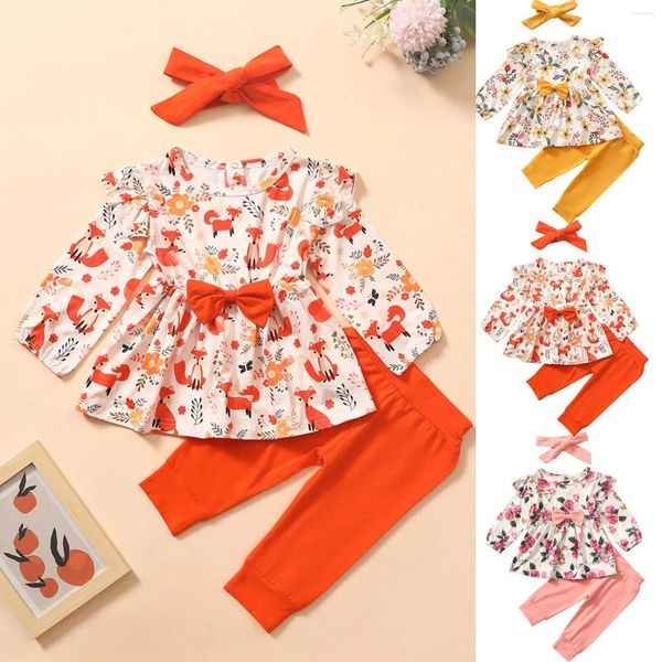 Conjuntos de roupas da criança crianças bebê floral dos desenhos animados impressão peplum tops calças arco headbands roupas menina 4t