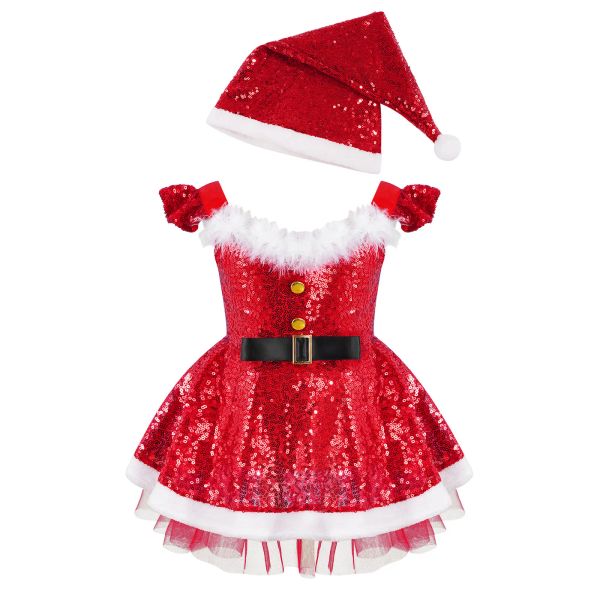 Hats Kids Girls Elf Weihnachtskostüm glänzende Pailletten Faux Pelzkleid mit Weihnachtsmann Hut Weihnachten Neujahrsparty Performance Tanzkleidung