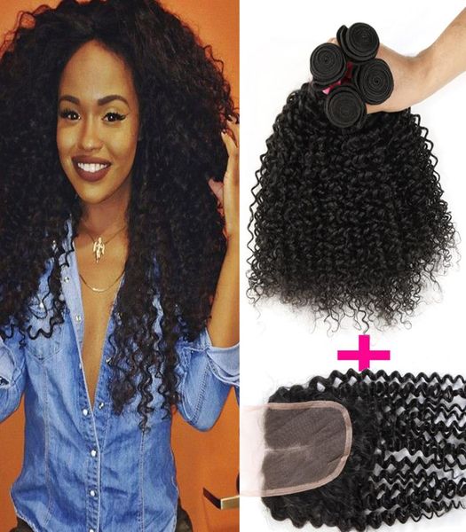 7A Remy Afro crespo capelli vergini ricci chiusura in pizzo o parte centrale con 3 pacchi capelli umani ricci crespi brasiliani capelli huaman 1173369