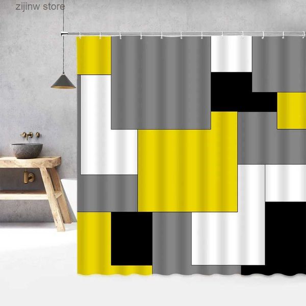 Duschvorhänge, kreative geometrische Duschvorhänge, grau, weiß, schwarz, gelb, quadratisches Spleißmuster, modern, schlicht, Stoff, Badezimmer-Dekor-Set, Haken Y240316