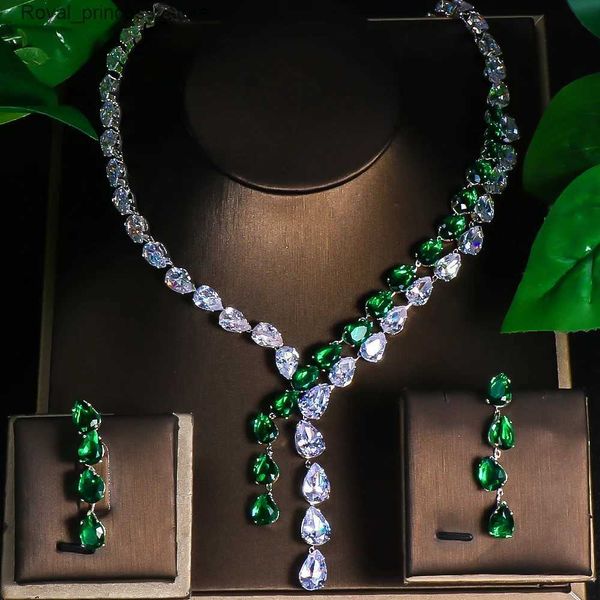 Conjuntos de jóias de casamento moda dupla camada colar brinco conjunto zircon feminino casamento simples verde gota de água nupcial conjunto de jóias entrega gratuita q240316