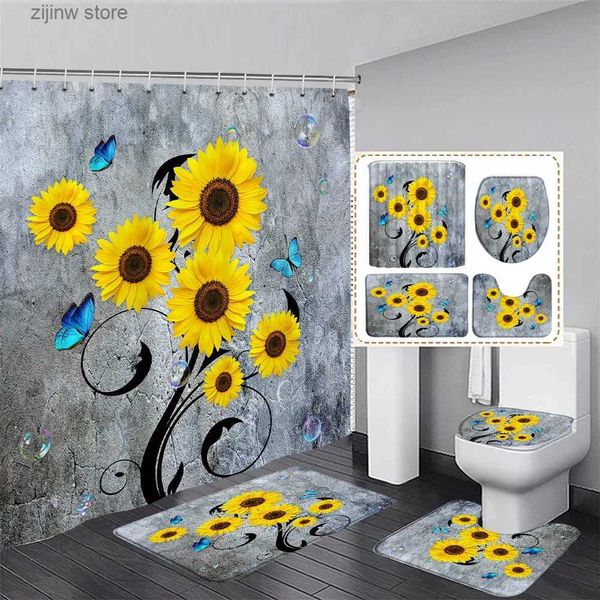 Tende da doccia Set di tende da doccia floreali rustiche Giallo Girasole Blu Farfalla Fiori Bagno Decorativo Tappetino da bagno Tappetino da bagno Coperchio del WC Y240316