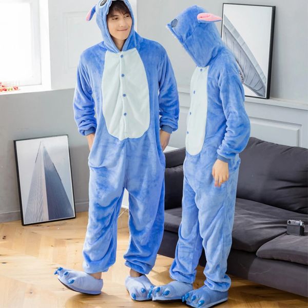 Pijamas adultos kigurumi macacão casal flanela pijamas unisex dos desenhos animados animal pamas conjunto inverno quente flanela com capuz pijama feminino