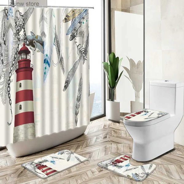 Cortinas de chuveiro cor pena impressão cortina de chuveiro farol exótico arte europeia decoração de casa tapete de banho capa de flanela conjunto de tapete de banheiro y240316