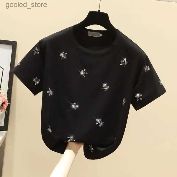 Homens camisetas Verão nova estrela coreana quente diamante de manga curta t-shirt mulheres soltas algodão puro branco meia manga diamante top q240316