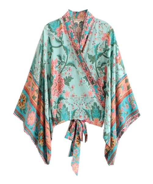Camicia Kimono con stampa floreale bohemien Papillon Camicia vintage Donna Manica a pipistrello Cardigan con scollo a V Camicetta ampia Femme Blusas 2009257479001
