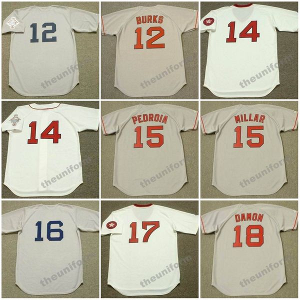 Masculino 1939-2004 Ellis Burks Jim Rice Dustin Pedroia Boston Scott Kevin Millar Jim Lonborg Cecil Cooper Marty Barrett Johnny Damon Lynn Camisa de beisebol retrô S-5XL