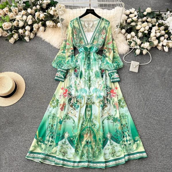 Abiti casual Pista di moda Verde Fiore rosso Flowy Chiffon Lanterna Abito da donna Profondo scollo a V Manica lunga Stampa floreale Boho Robe Vestido 2045