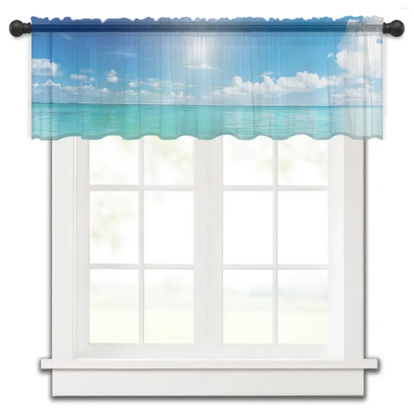 Cortina azul praia sol mar céu pequena janela tule transparente curto quarto sala de estar decoração de casa cortinas voile