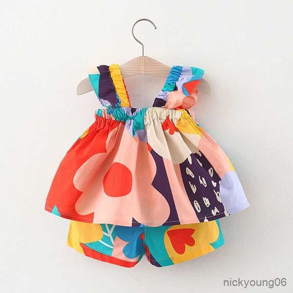 Conjuntos de roupas de verão para meninas, conjuntos de roupas com suspensório, cor superior, colete floral + calças casuais para crianças, roupas para crianças pequenas