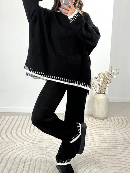 Pantaloni da donna in due pezzi Abito da donna Elegante maglione girocollo a maniche lunghe in colore a contrasto con abito autunnale in maglia