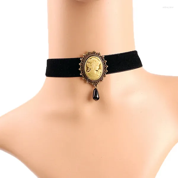 Halsband Gothic Legierung viktorianischen Dame Kopf Kamee Perle Tropfen Anhänger schwarzes Band klobige Vintage Retro Kragen Halskette für Frauen