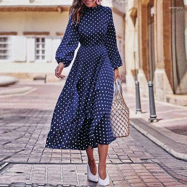 Vestidos casuais lanterna manga polka dot impressão longo boho vestido mulheres elegante vintage gola outono para plus size