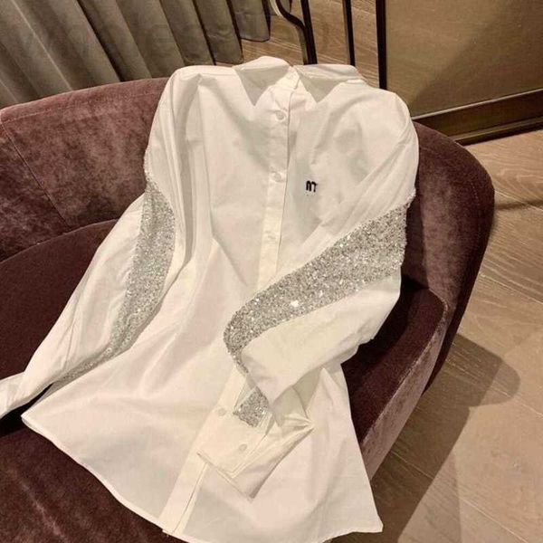 Camicette da donna Camicie camicia da donna di design camicetta Tendenza lettere di moda ricamo bianco camicie a maniche lunghe slouchy paillettes posteriori sciolti cappotti di media lunghezza ISRC