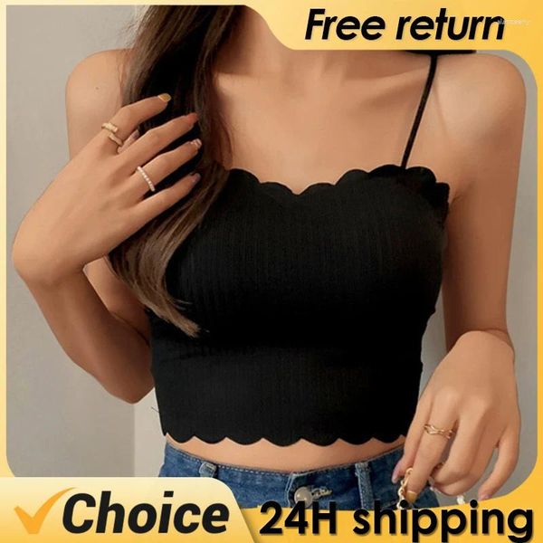 Reggiseni Top corto a costine in seta di ghiaccio Donna T-shirt senza maniche con bordo ondulato Top estivo con cinturino per spaghetti con coppe Canotta tinta unita