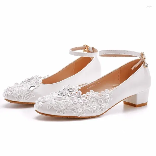 Scarpe eleganti Décolleté Donna Punta tonda Cinturino con fibbia strass PU 3CM Tacchi alti sottili Pizzo Lady Wedding Stile coreano Bianco