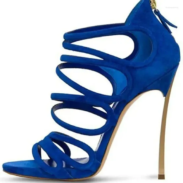 Sapatos de vestido lâmina de ouro saltos de metal sandálias de tiras azul vermelho camurça oco salto alto gaiola aberta dedo do pé cruz cinta pista