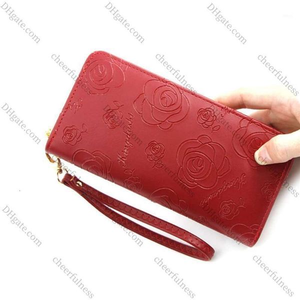 Carteiras Flores Design Couro Mulheres Carteira Senhoras Long Zipper para Cartão Moeda Telefone Dinheiro Feminino Embreagem Pulseira Vermelho