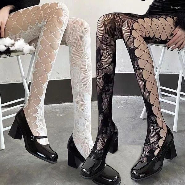Mulheres meias y2k sexy meia-calça oco para fora fishnet malha preto branco meias altas lingerie gótica meias