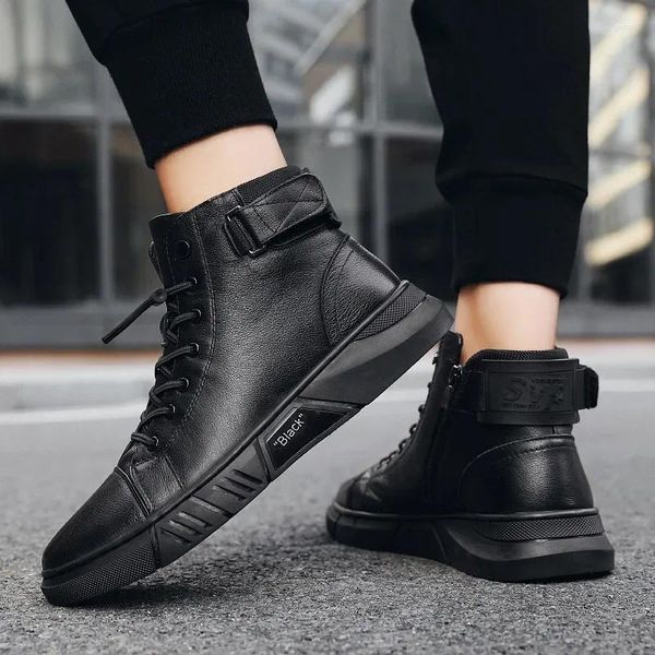 Sapatos casuais outono inverno moda masculina botas de tornozelo couro do plutônio alta qualidade confortável plataforma preta