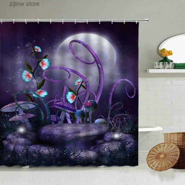 Duş perdeleri çizgi film fantezi mantar duş perdesi masal orman bitkileri çiçekler çocuk banyo duvar dekor kanca su geçirmez ekran y240316