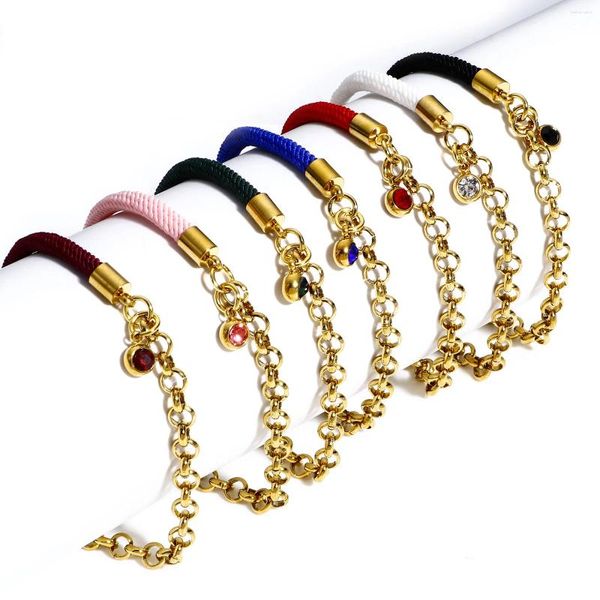 Charme Pulseiras 304 Aço Inoxidável Splicing Rolo Cadeia Trançada Homens Jóias Gold Color Link Multicolor Aniversário Pedra Acessório 17cm