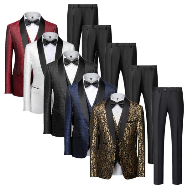 Ternos masculinos de luxo ouro jacquard terno 2 peça conjunto negócios banquete vestido festa 2023 nova moda ternos de casamento para homem