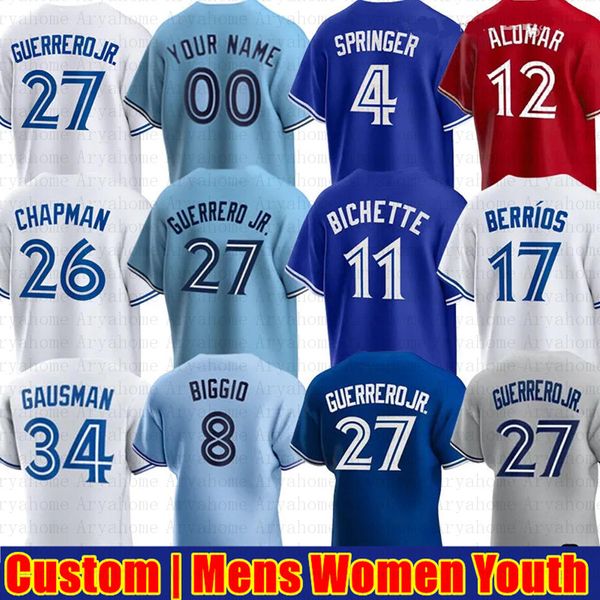 Personalizzato 27 Vladimir Guerrero Jr. 11 Bo Bichette Maglia da baseball Alejandro Kirk Alek Manoah Matt Chapman George Springer Drury Hernandez Cavan Biggio Hyun Jin Ryu