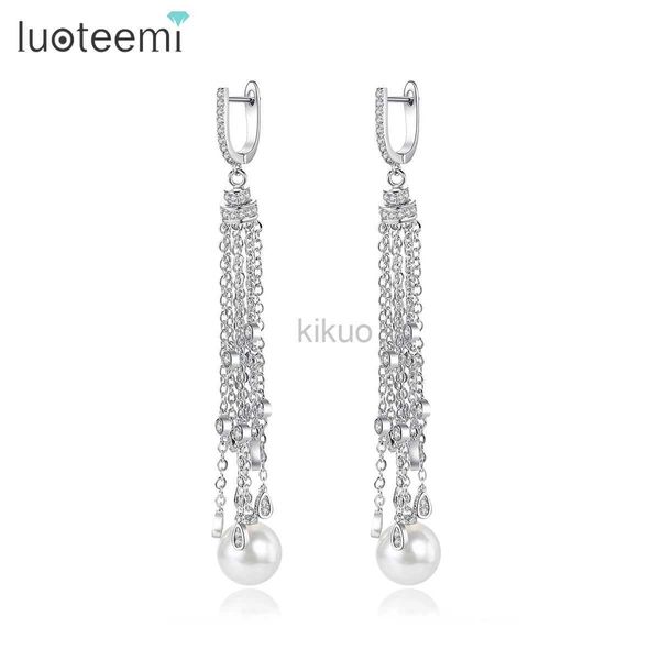 Dangle Chandelier LUOTEEMI Moda Coreana Waterdrop Tassel CZ Pingente Lustre Dangle Brinco Para Mulheres Luxo Nupcial Imitação Pérola Jóias 24316