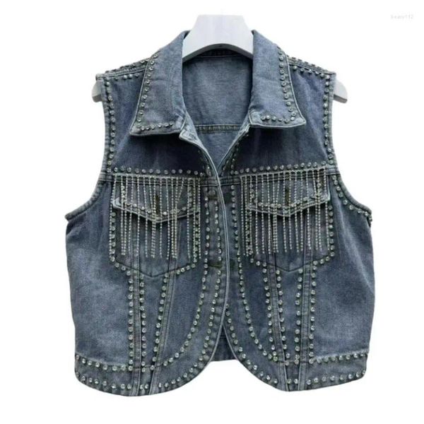 Damenwesten Frühling Sommer Mode Diamanten Kette Quaste Denim Weste Frauen Revers ärmellose blaue Cowboyjacke Casual Jeans Mantel Femme