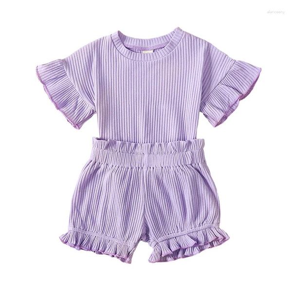 Set di abbigliamento Bambino Neonata Abiti estivi solidi Girocollo Volant Manica corta Camicia a coste Pantaloncini Set di vestiti per neonati