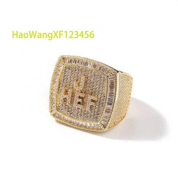 Hip hop iced out 5a zircão cúbico bling 18k banhado a ouro anel de letra quadrada masculino anel de joias da moda